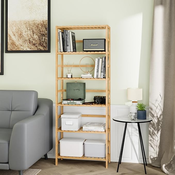 Bamboo Shelf, 6-Tier Adjustable Tall Open Bookcase, Bathroom Storage Rack Freestanding Shelving Unit, Plant Display Stand for Small Space, Natural