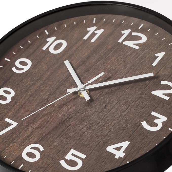 Decorative Modern Round Wood- Looking Plastic Wall Clock for Living Room, Kitchen, or Dining Room, Brown