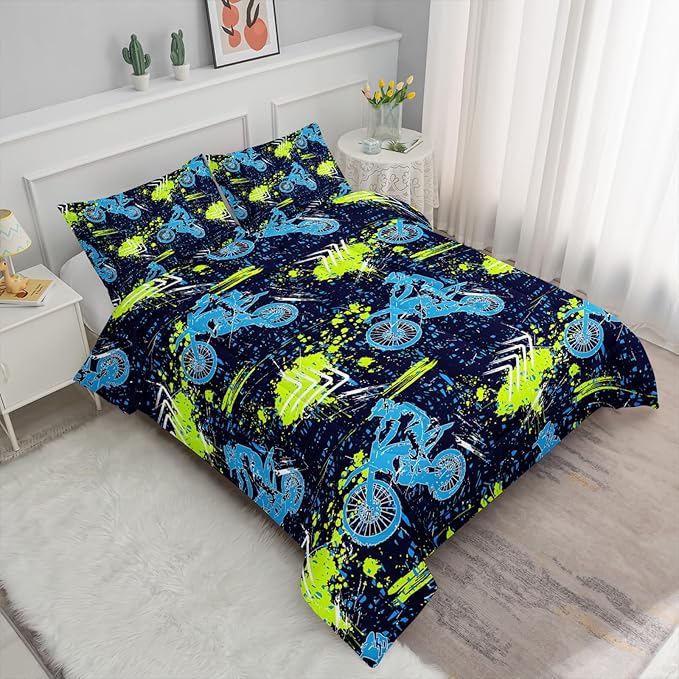 Axolotl Boys Dirt Bike Bedding Set Queen,Dirt Bike Comforter Set,Extreme Sports Tie Dye Bedding Set Motor Biker,Motocross Rider Comforter Set for Boys Kids Teens Men,1 Quilt 2 Pillowcases,Blue Green
