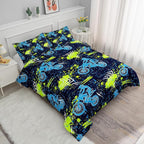 Axolotl Boys Dirt Bike Bedding Set Full,Dirt Bike Comforter Set,Extreme Sports Tie Dye Bedding Set Motor Biker,Motocross Rider Comforter Set for Boys Kids Teens Men,1 Quilt 2 Pillowcases,Blue Green