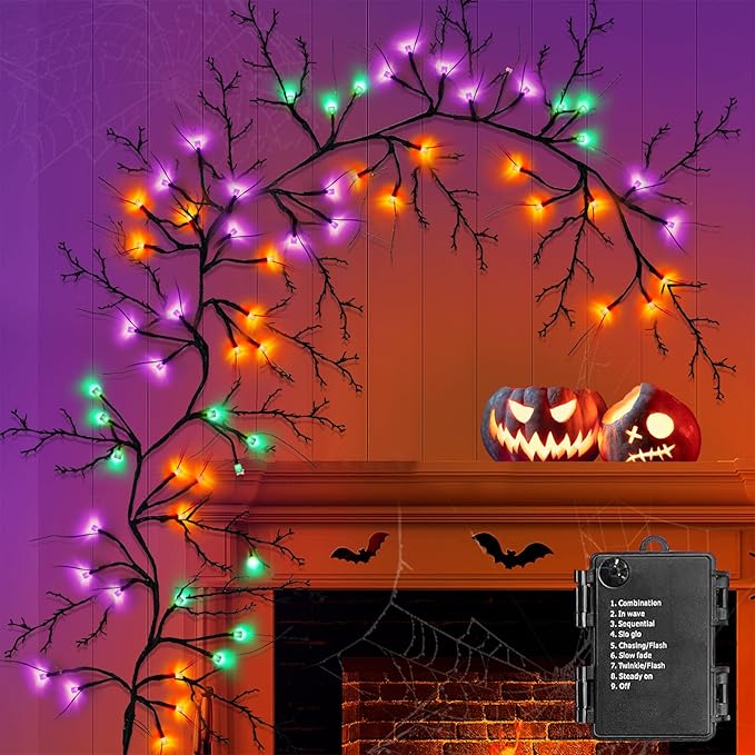 [ Timer & 8 Modes ] 6 Ft 54LED Halloween Willow Vine Twig Decor Branches Garland Decorations Orange ＆ Purple ＆ Green Lights -Battery Operated Garland for Indoor Wall Fireplace Halloween Decorations