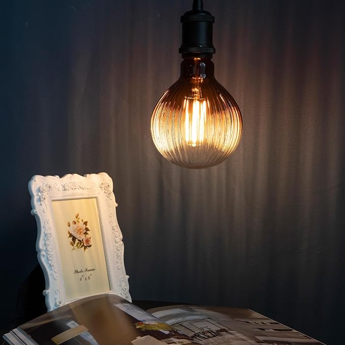 G125 Edison LED Bulb,4W Dim E26,2200K Gradient Brown Striated Glass | Large Globe Decorative Light Bulbs, Warm Ambient Glow, Dim, Match Lamps For Restaurant, Bar & Household Living Space