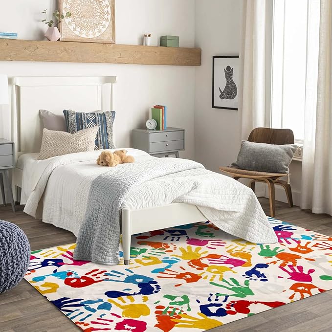 Handprints and Footprints Large Kids Rug 5'x7', Washable Colorful Area Rug for Nursery Room, Non-Slip Play Mat Ultra Soft Indoor Carpet for Bedroom Playroom Classroom