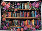 HVEST Bookshelf Tapestry Wall Hanging Pink Floral Green Leaf Watercolor Plant Botanical Aesthetic Tapestry Vintage Library Book Tapestries for Bedroom Living Room Dorm, 51L x 59W Inches