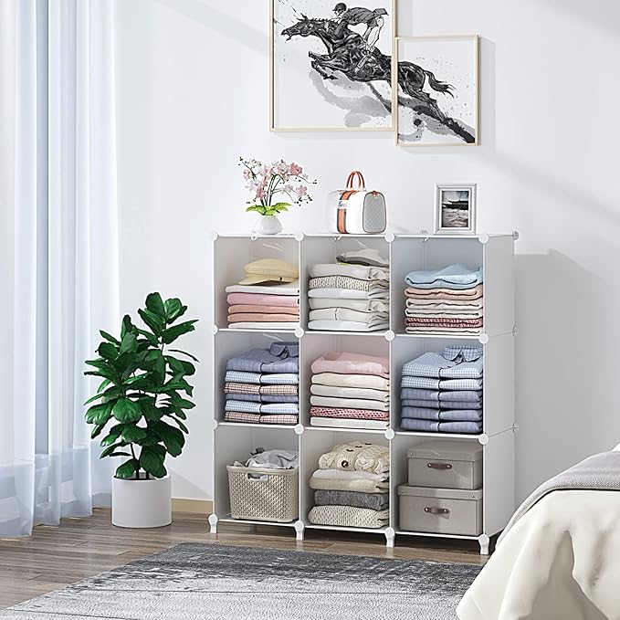 FUNLAX Cube Storage Shelf, 9 Storage Cubes Closet Organizers and Storage Portable Cube Storage Organizer Plastic Bookshelf Bookcase for Study Room, Bedroom, Office, White