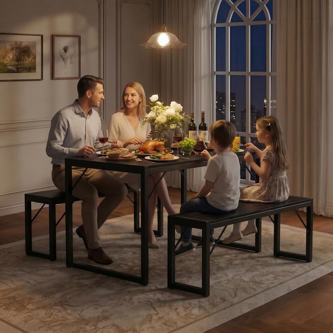 Bealife Dining Table Set for 4 with Metal Frame and MDF Board - Black | Space Saving Kitchen Table with 2 Benches, Kitchen Table Set for Apartment, Dining Room, Breakfast Nook