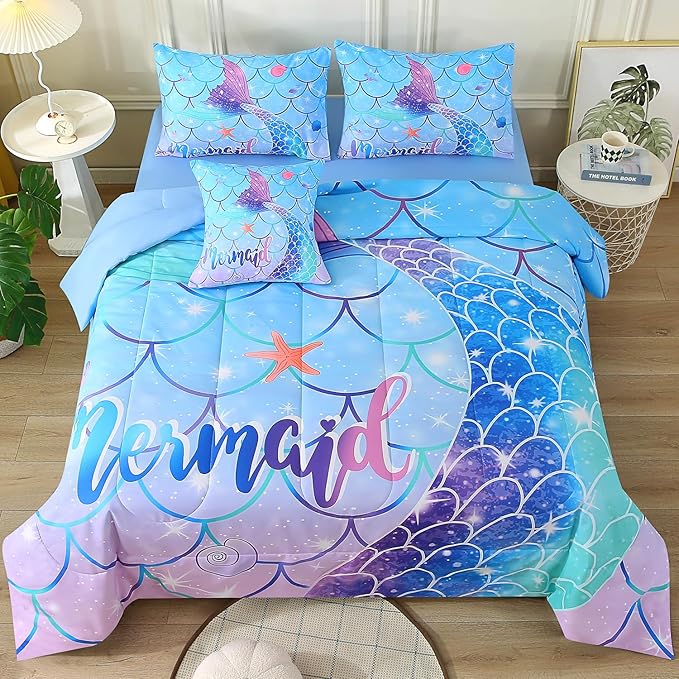 JQinHome Mermaid Comforter Set Full Size, 6 Piece Mermaid Tail Bed in A Bag,3D Colorful Mermaid Bedding Set for Girls Kids, Sparkle Teal Bedroom Decor Bedding Set with Sheets (Blue)