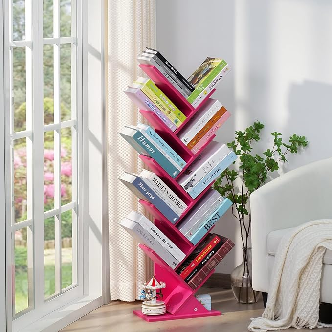 10 Tier Tree Book Shelf, Floor Standing Wood Bookshelf for Narrow Space, Storage Organizer Bookshelves for Books/CDs/Magazine, Bookcase with Shelves for Home Office, Living Room - Pink