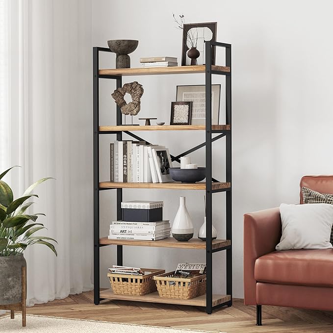 5 Tier Bookshelf Rustic Industrial Style, Storage Shelves, Metal Book Shelves Bookcase Book Shelf Display Shelf for Home Office, Living Room, Bedroom, Kitchen (31.5" W, Brown)