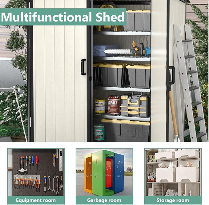 Aoxun Outdoor Storage Shed 5 x 3FT, Resin Shed with Floor and Lockable Door, Plastic Shed for Bike, Garbage Can, Tool, Accessories, Lawn, Garden - Beige