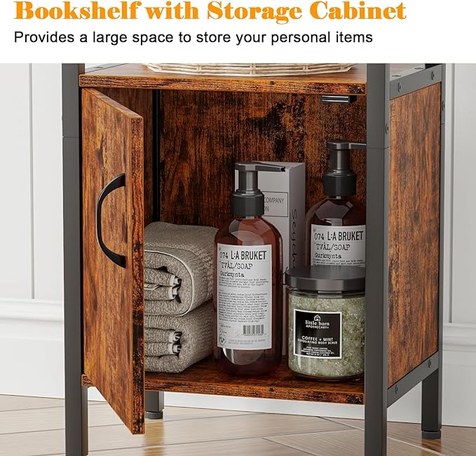 Furologee 5-Tier Bookshelf, Narrow Shelf with Storage Cabinet for Bedroom, Metal and Wood Shelf, Industrial Freestanding Display Tall Shelf for Living Room, Home Office, Bathroom, Rustic Brown