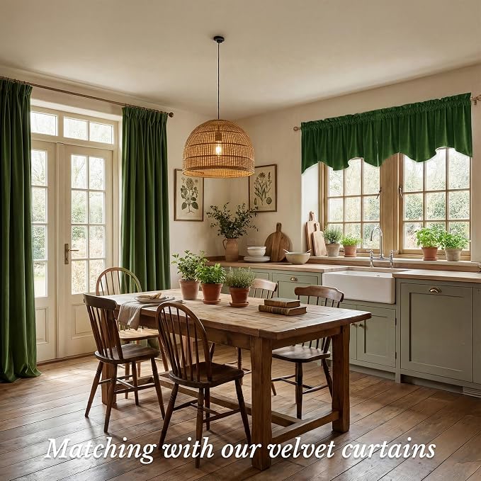 Moss Green Scalloped Velvet Valance 52x18 Inch 1 Panel | Thick Wavy Green Kitchen Curtains, Decorative Small Window Treatment for Living Room, Bathroom, Rod Pocket