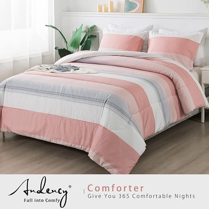 Andency Stripe Comforter Set King Size (104x90 Inch), 3 Pieces Pink Patchwork Striped Comforter, Soft Microfiber Down Alternative Comforter Bedding Set with Corner Loops