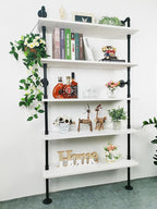 Ladder Pipe Shelves, Wall Mounted Industrial Shelves for Living Room Storage (White, 5 Tier - 10" D x 36" W x 70" H)