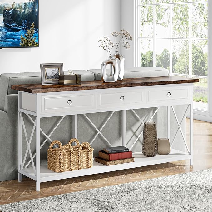 Tribesigns 70.8" Console Table with 3 Drawers, Farmhouse Entryway Table with Storage Shelf, Narrow Long Sofa Foyer Table for Entryway, Hallway (White/Brown)