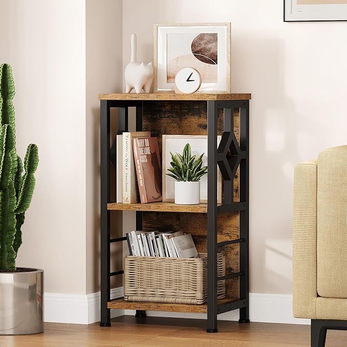 YITAHOME Small Bookshelf, 3 tier Farmhouse Bookshelf with Storage,Short Bookshelf for Small Spaces,Mini Shelf Stand,Open Bookcase for Bedroom Office Bathroom Living Room, Rustic Brown