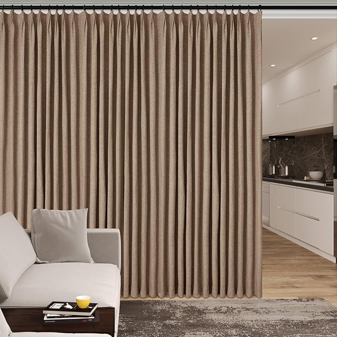 120" Wx108 L Linen Room Divider Drapes for Doorway/Glass Window/Sliding Door/Patio, Extra Wide Pinch Pleated Full Blackout Curtains for Girls Boys Teen Kids Room, 1 Panel, Taupe