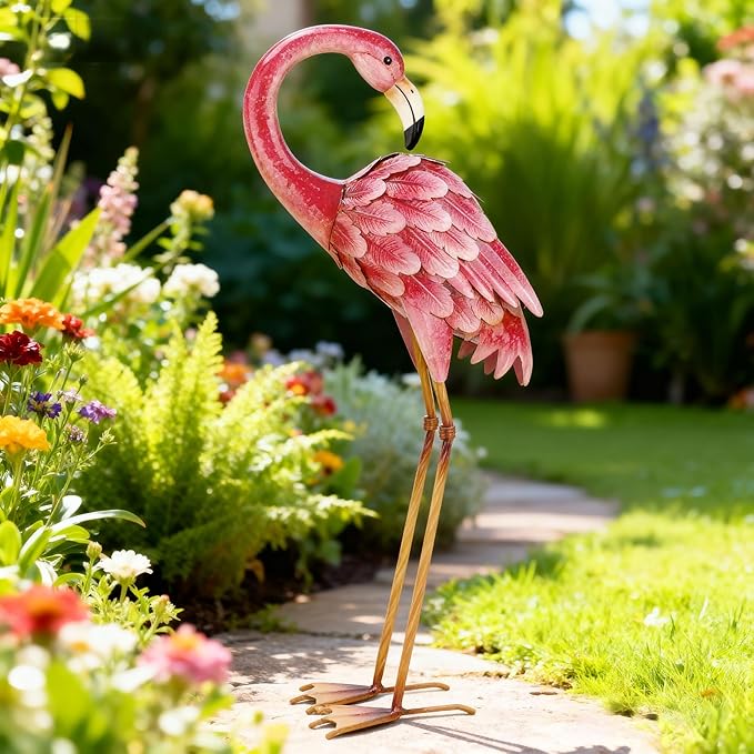 Shorayn Garden Statues Flamingo Sculptures Metal Yard Art, Pink Bird Art Outdoor Backyard Decor Patio Lawn Porch Ornament Flamingo Yard Decoration
