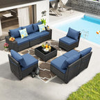 8 Pieces Patio Furniture Set All-Weather Outdoor Wicker Sectional Conversation Sofa Rattan Patio Seating Sofa with Cushion and Glass Table for Porch Poolside,Navy