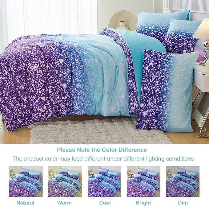 PERFEMET Queen Comforter Set with Sheets, 6 Pcs Blue Purple Girls Bedding Set, Tie Dye Rainbow Comforter for Queen Size Bed, Colorful Ombre Bedroom Decor Bed in A Bag for Teens Girls