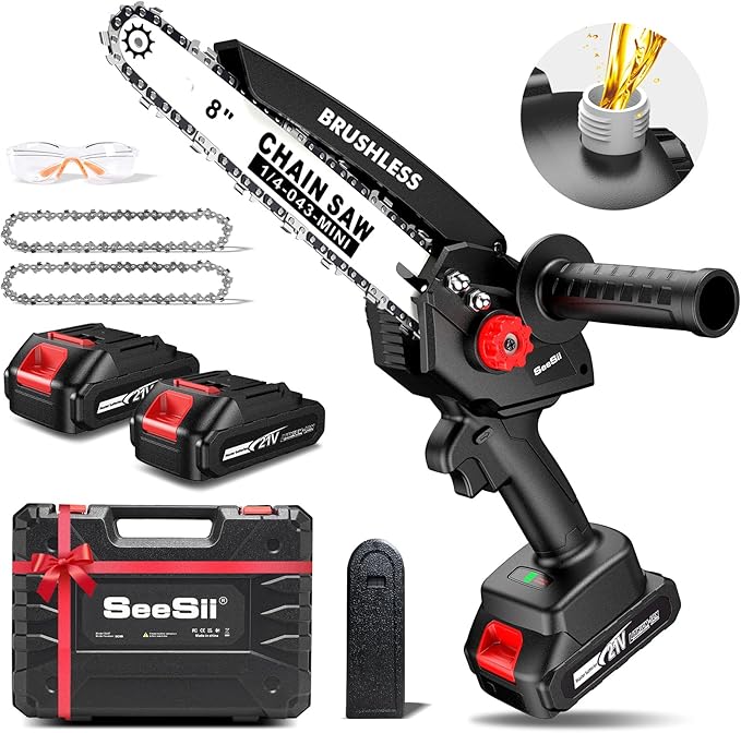 Mini Chainsaw Cordless 8 inch: Electric Chainsaw Battery Powered, Brushless Chain Saw with Auto Oiler, 2pcs Battery, Handheld Saw for Tree Branch Wood Cutting,Gardening Tools for Men Dad Husband