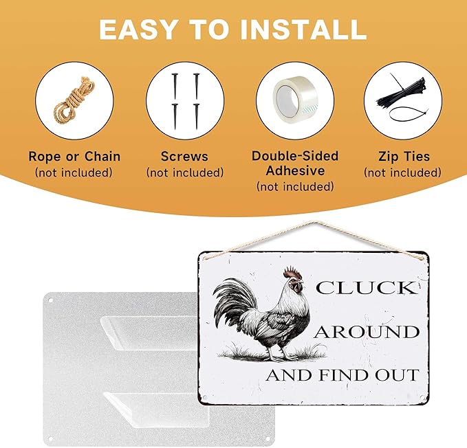 Funny Chicken Coop Sign "Cluck Around & Find Out" Vintage Metal Tin Sign 8x12 Inch - for Farmhouse Kitchen Decor,Chicken Coop Accessories,Barn,Rustic Home & Garden Wall Art with Hanging Holes