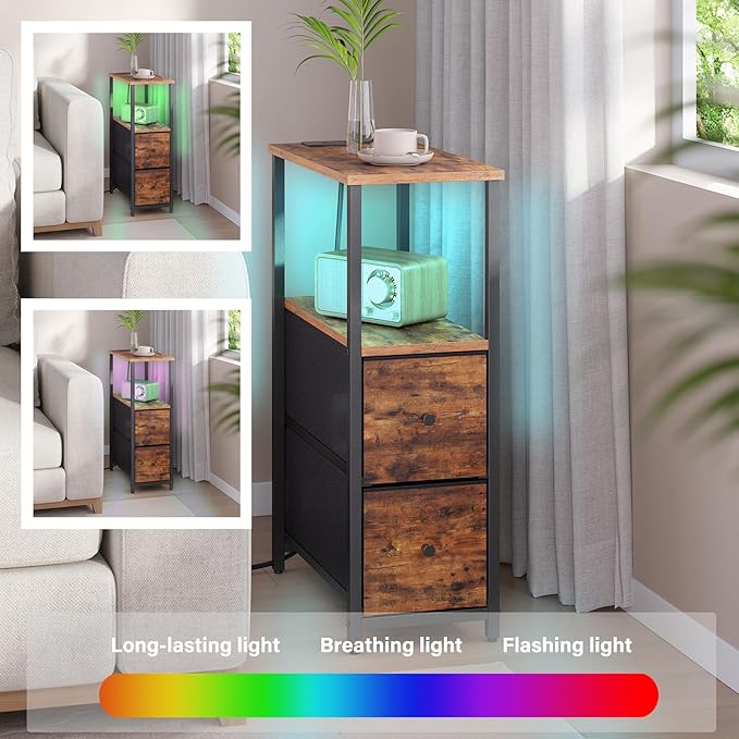 TUTOTAK Small Narrow LED End Table with Charging Station, Side Table Outlets, Nightstand with 2 Cloth Drawers, Couch Table, for Living Room, Bedroom, Bedside, Brown TB01BB085L