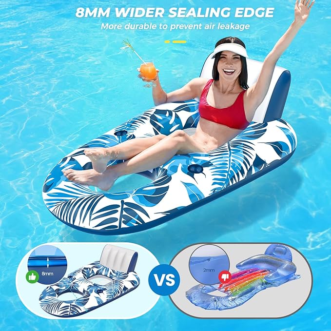 Pool Floats Adult 1-2-3 Person Inflatable Lounger, Extra Large Tanning Recliner Floaty Chair Raft with Backrest, Footrest, Cup Holder for Pool, Lake, River, Beach, Ocean & Party Use