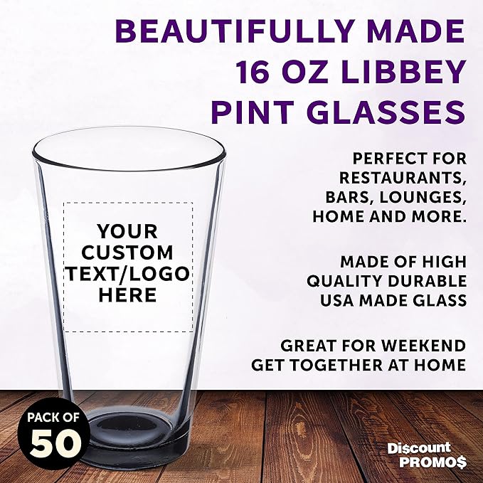 Custom Libbey Pint Glass 16 oz. Set of 50, Personalized Bulk Pack - Beer Glasses, Heavy Duty Drinkware - Black