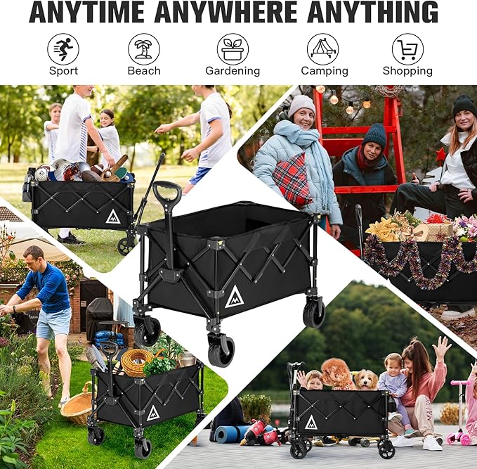 Wagon Cart Shopping Foldable Folding Collapsible with Wheels Big On Beach Garden Outdoor Grocery Heavy Duty Utility All Terrain Portable Wagons Carts for Groceries Sand Camping Sports Black