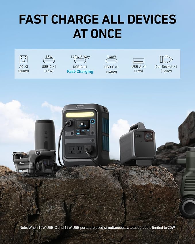 Anker SOLIX C200X Portable Power Station, 230.4Wh LiFePO4 Battery, 300W (600W Surge) Solar Generator, 140W Two-Way Fast Charging, For Outdoor Camping, Traveling, and Emergencies
