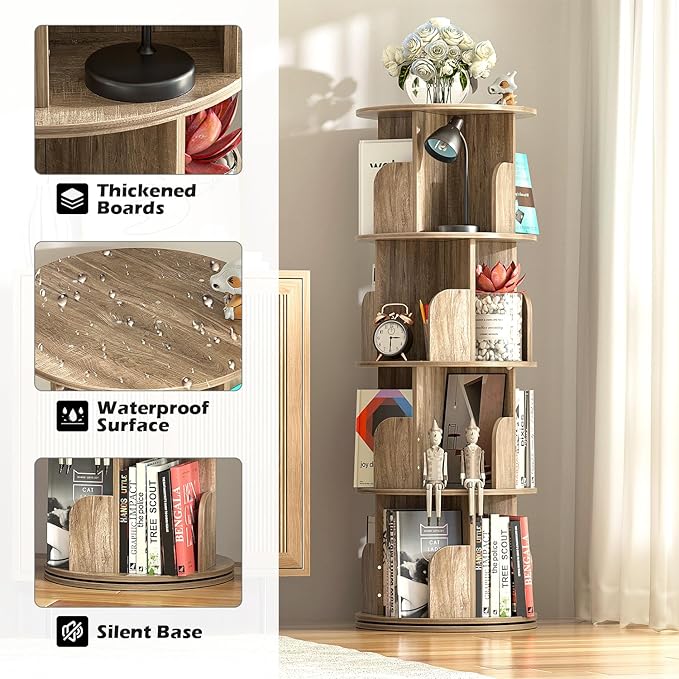 Nisorpa 4 Tier Rotating Bookshelf, 360° Revolving Bookcase Wood Rotating Stackable Shelves Floor-Standing Storage Display Rack Used in Bedrooms Living Rooms Study Office (52"x18"x18")