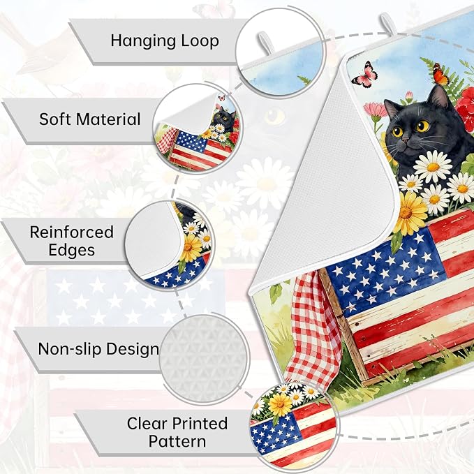 Patriotic Cats Dish Drying Mat for Kitchen Counter Coffee Bar 18x24 in | Decorative Non Slip Absorbent Kitchen Dishes Drainer Mat, with Anti-slip Rubber Backing & Hanging Loop, for Sink, Home Gift