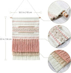 Dremisland Macrame Woven Wall Hanging Home Decor Bohemian Beige Geometric Wave Art Decor with Wool Ball and Tassle-Elegant Apartment Bedroom Dorm Room Door Decoration (Pink Line)