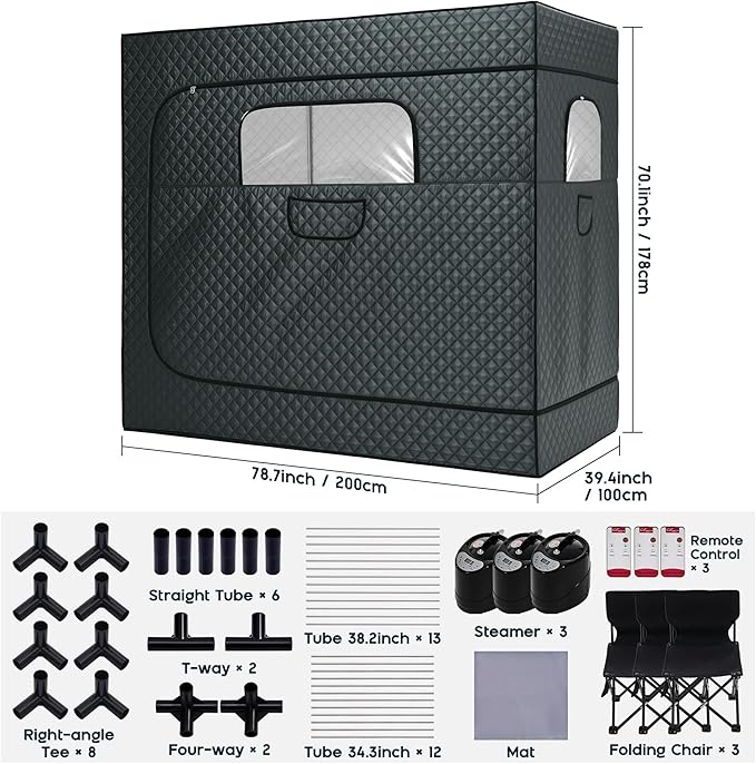 Albott 3 Person Steam Sauna for Home, Portable Sauna Tent with 3L 1500W Steamer, Extra Large Size 6.6’ x 3.3’ x 5.8’ Full Body Home Spa, Remote Control, Folding Chair, Grey