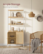 VASAGLE 6-Tier Bookcase, Bookshelf with Rattan-Like Door, Boho Style, Freestanding 30.1-Inch Wide Storage Shelf, Metal Frame, Adjustable Shelf, for Living Room, Oak Beige and Pearl White ULLS124W57