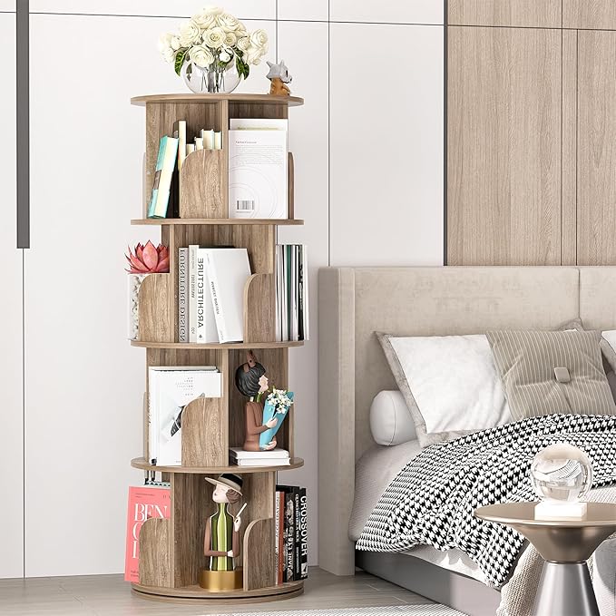 Nisorpa 4 Tier Rotating Bookshelf, 360° Revolving Bookcase Wood Rotating Stackable Shelves Floor-Standing Storage Display Rack Used in Bedrooms Living Rooms Study Office (52"x18"x18")