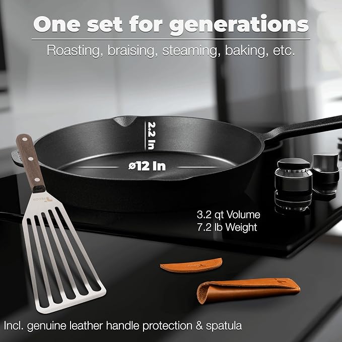Polished Cast Iron Skillet 12 Inch | No PFAS I German-Engineered | Naturally Non-Stick Cast Iron Pan Set | Oven Safe Skillet | Cast Iron Cookware Set | 20-Year Refund I Steak Pan