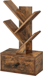 4 Tier Tree Bookshelf with Drawer, Small Tree Bookcase, Table Top Book Shelf Organizer Shelves for Living Room, Bedroom, Home Office, Rustic Brown