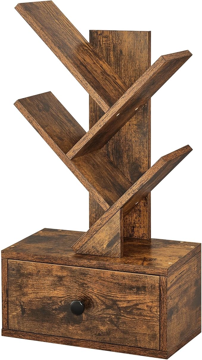 4 Tier Tree Bookshelf with Drawer, Small Tree Bookcase, Table Top Book Shelf Organizer Shelves for Living Room, Bedroom, Home Office, Rustic Brown