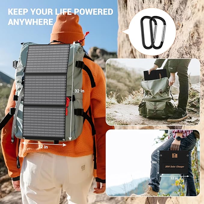 30W Portable Solar Charger Foldable Solar Panel with USB C and USB A 18V MC4 DC for Camping Backpacking Travel Fast Charging for iPhone LG Google Cell Phone Power Bank Generator Power Station