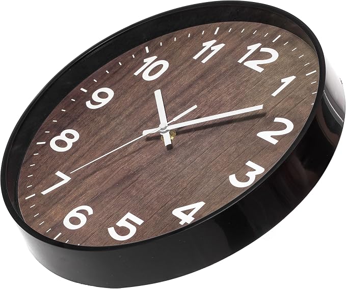 Decorative Modern Round Wood- Looking Plastic Wall Clock for Living Room, Kitchen, or Dining Room, Brown
