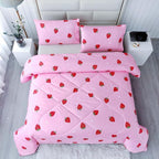 SDY 3PCS Strawberry Comforter Set Queen, Strawberry Queen Size Bedding Set, Kawaii Bed Set Kids Comforter Set, Cute Pink Bedding Room Decor for Girls, Children, Teen…