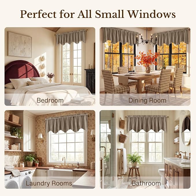 Camel Beige Scalloped Valance Curtains 52x18 Inch 1 Panel | Premium Velvet Wavy Short Curtains for Kitchen Windows, Neutral Home Decor Window Treatment for Farmhouse