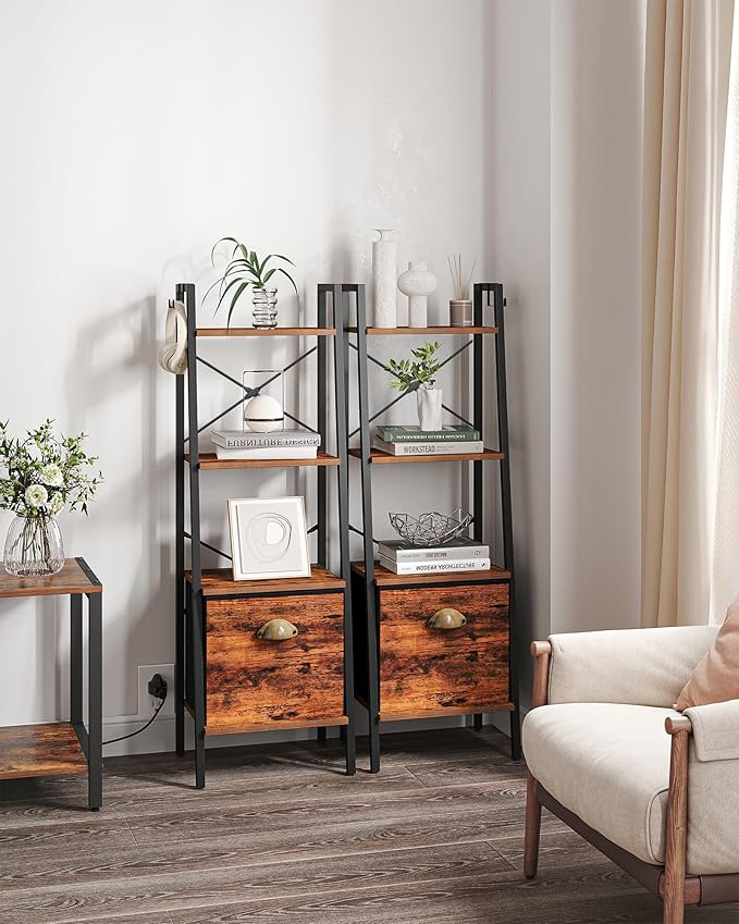 Narrow Bookshelf Bookcase with Drawer, Ladder Shelf with 2 Hooks, Bookshelves Storage Organizer, Freestanding Display Standing for Home Office, Bedroom, 4 Tier Rustic Brown BC19401B