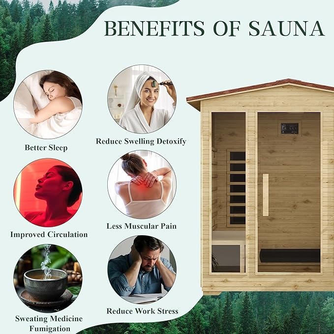 4 Person Outdoor Infrared Sauna - 3D Fast Heating Home Spa Sauna w/Chromotherapy Light, Wooden Sauna Room Kit w/Bluetooth Speaker (CE Certified,220V)