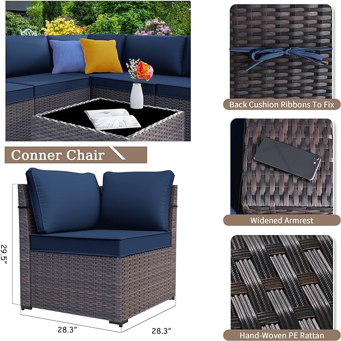 Patio Furniture Set Sofa 12-Pieces Wicker Sectional Sofa Set, Outdoor Furniture Rattan Patio Conversation Set with Thickened Cushions and Glass Coffee Table, Navy Blue