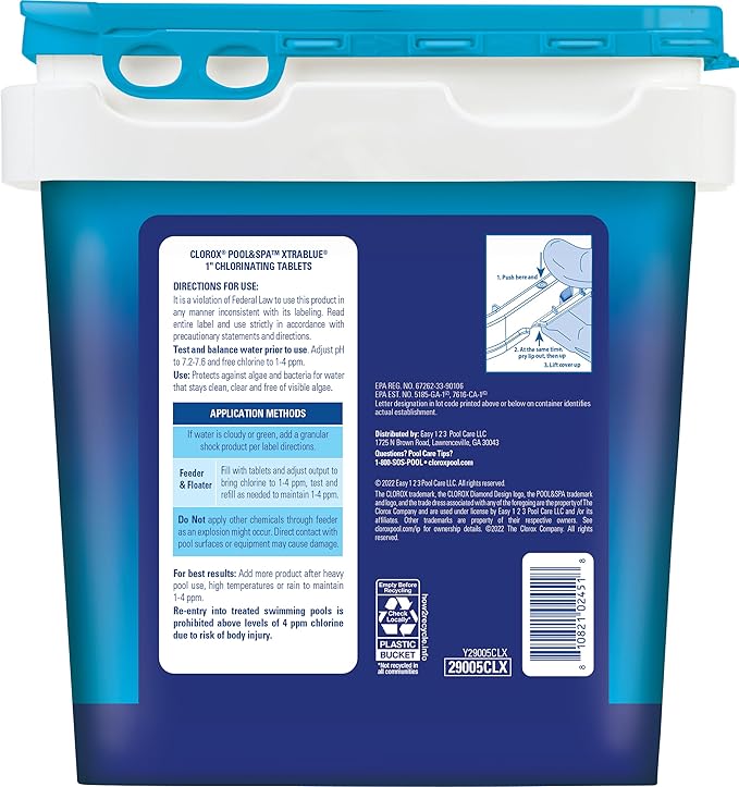 Clorox® Pool&Spa™ XtraBlue 1” Swimming Pool Chlorinating Tablets, Kills Bacteria & Stops Algae, Perfect for Small Pools (5 LB)
