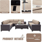 Patio Furniture Set Sofa 12-Pieces Wicker Sectional Sofa Set, Outdoor Furniture Rattan Patio Conversation Set with Thickened Cushions and Glass Coffee Table, Sand