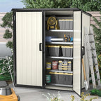 Aoxun Outdoor Storage Shed 5 x 3FT, Resin Shed with Floor and Lockable Door, Plastic Shed for Bike, Garbage Can, Tool, Accessories, Lawn, Garden - Beige
